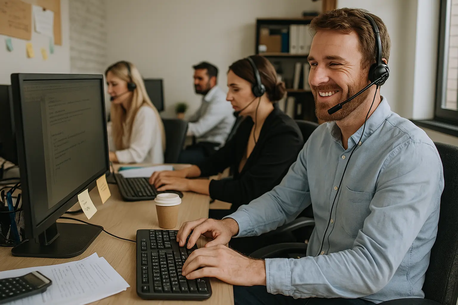 Motiviertes Serviceteam in einem mittelständischen Unternehmen – moderne Arbeitsplätze, effiziente Kundenbetreuung dank KI-Unterstützung